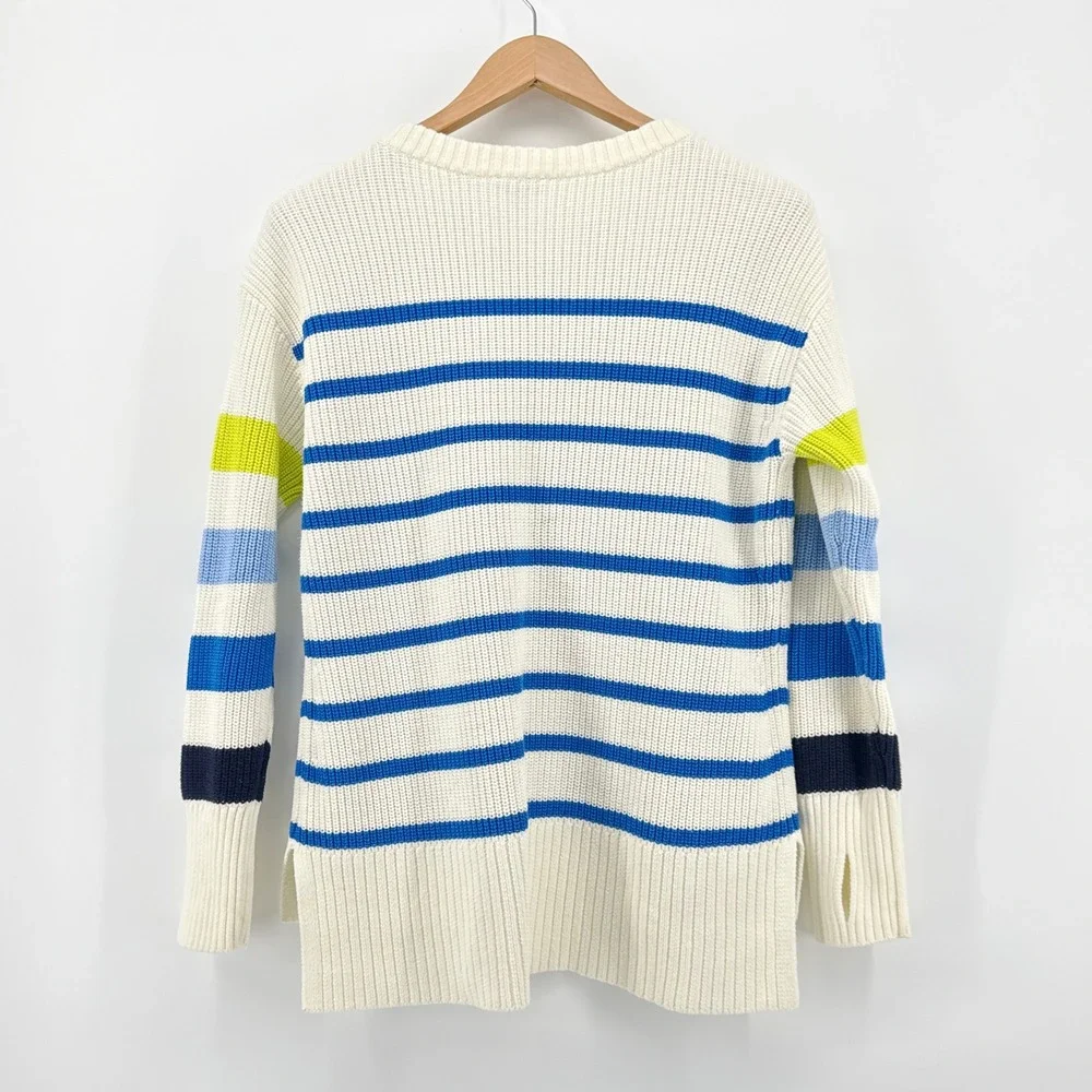 Talbots Multi Stripe Crewneck High-Lo Sweater Large Petite Ivory Blue Thumbholes